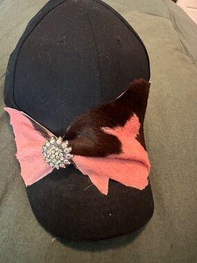 Black Baseball Cap with Pink Cowhide Bow Accent and Rhinestone Pin